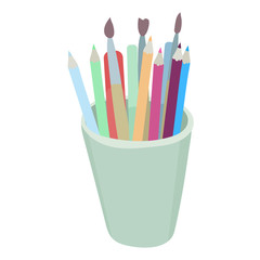 Pencils and brushes in a glass. Vector illustration