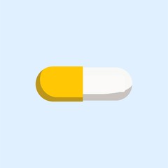 Pill simple. Sign one medicine capsule tablet in flat style isolated on blue background.Vector illustration.