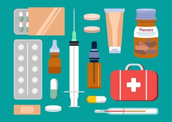 Set of isolated medicines. Flat vector illustration isolated. Set of medicine related.Contains such icons as pills. First aid kit.Bottles with pills.