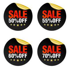 Black sale stickers set 50%, 55%, 60%, 70% off with stars. Vector illustration