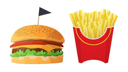 Fast food. Burger and french fries isolated on a white background. Burger with cheese, cutlet, tomato and herbs. French fries in a red box. Vector illustration.