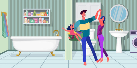 Parents and little daughter having fun at home. Couple dancing in bathroom, holding kid flat vector illustration. Parenthood, childhood concept for banner, website design or landing web page