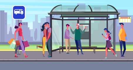 People waiting bus on bus stop. Passenger, commuter, roadside flat vector illustration. Transportation, town, traffic concept for banner, website design or landing web page
