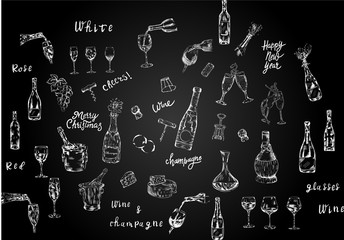 Wine, champagne, cheese, chalk drink vector isolated set on black background. Concept for menu, cards, invitation ,banner