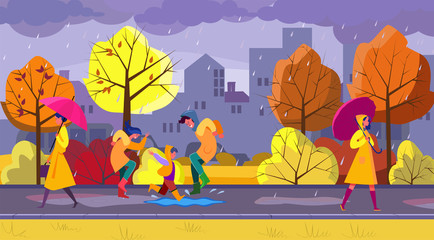 Children having fun in rain outside. Park, autumn, puddle, people in raincoat, umbrella flat vector illustration. Childhood, weather, fall concept for banner, website design or landing web page