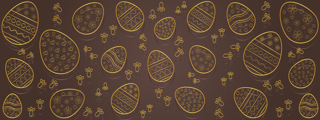 Hand drawn golden Easter eggs on a brown background. Happy Easter Day