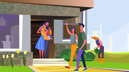 Suburban people walking outside. Family, child, neighbors, gardening flat vector illustration. Country life, neighborhood, communication concept for banner, website design or landing web page