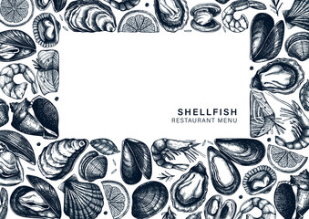 Vector seafood menu design. Hand drawn fish, shellfish, shrimps, mollusks sketches with herbs, spices,  lemon. Fish market products, seafood restaurant or shop menu. Cooked shellfish top view. © sketched-graphics