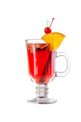 Winter hot drink mulled wine with spices, orange and cherry isolated on white background