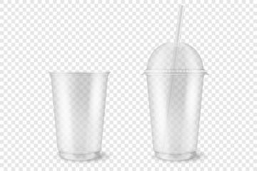 Vector Realistic 3d Empty Clear Plastic Opened, Closed Disposable Cup with Straw Set Closeup Isolated on Transparent Background. Design Template of Milkshake, Tea, Juice Packaging Mockup for Graphics