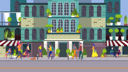 People walking down street at night. Family, outdoor cafe, apartment house flat vector illustration. Town, leisure outside concept for banner, website design or landing web page