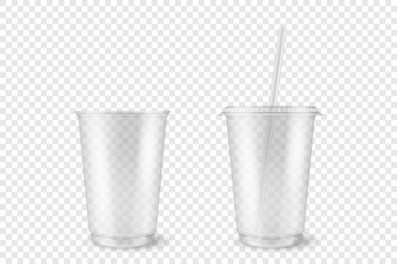 Vector Realistic 3d Empty Clear Plastic Opened, Closed Disposable Cup with Straw Set Closeup Isolated on Transparent Background. Design Template of Milkshake, Tea, Juice Packaging Mockup for Graphics