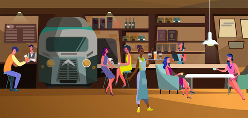 People enjoying break in coffee shop. Customers drinking coffee, barista at counter, waitress flat vector illustration. Cafe, bar, leisure concept for banner, website design or landing web page
