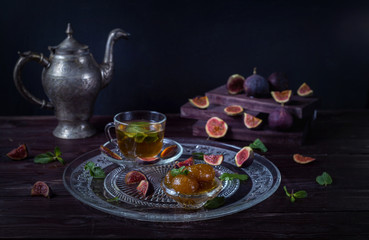 Figs jam with cupronickel teapot