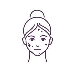Acne on the female face line black icon. Skin rash. Dermatological diseases. Sign for web page, mobile app, button, logo. Vector isolated illustration. Editable stroke.