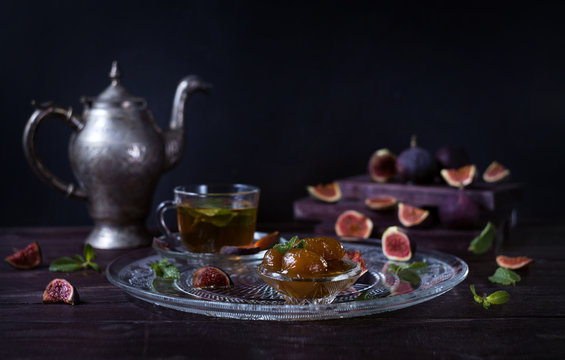 Figs jam with cupronickel teapot