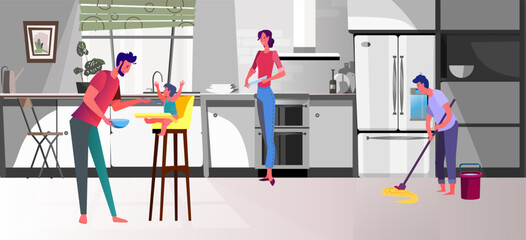 Family in kitchen. Dad feeding toddler son, woman washing dish flat vector illustration. Household, parenthood, domestic concept for banner, website design or landing web page