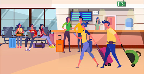 Passengers waiting boarding at check in desk. Tourists with luggage walking, sitting in airport flat vector illustration. Travel by plane, flight concept for banner, website design or landing web page