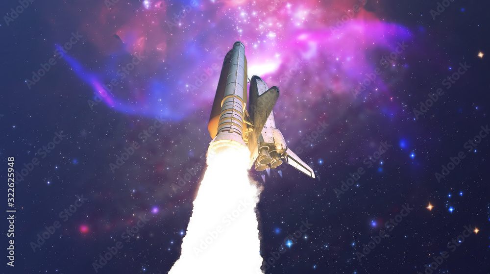 Wall mural the abstract intergalactic spaceship shuttle fly to the stars in outer space. elements of this image