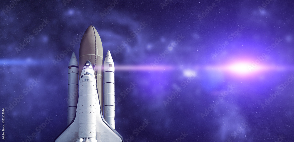 Wall mural the abstract intergalactic spaceship shuttle fly to the stars in outer space, wide banner. elements 