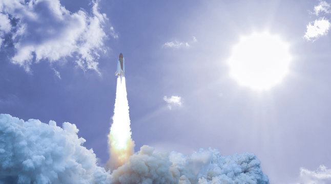 the spaceship rocket shuttle in the cloudy sky fly up high to the space elements of this image furnished by nasa