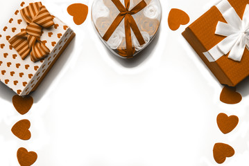 gift boxes and hearts on a white background, isolated.