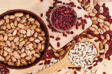 Haricot grains of different varieties: white, red, brown, spotted, large and small. Vegetarian food containing a large amount of vegetable protein, vitamins of group B.