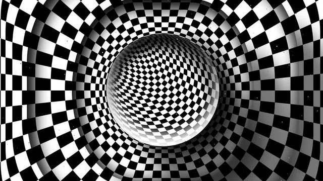 Hypnotic sphere moving inside. Checkered tunnel. Psychedelic optical illusion. Seamless looping animation.