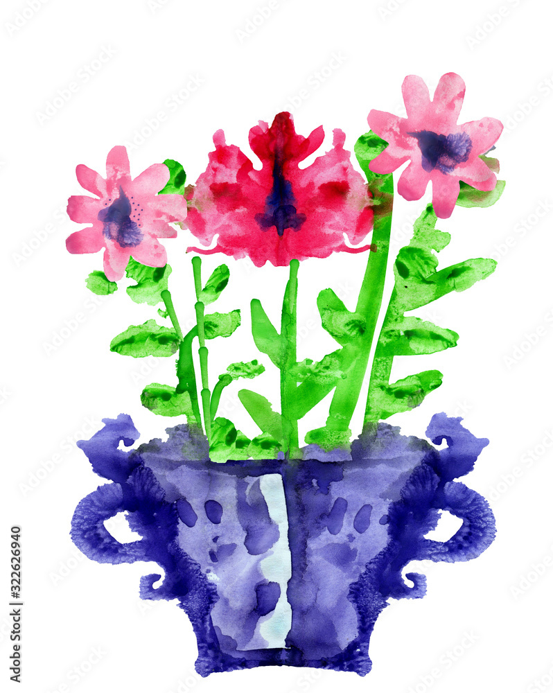 Wall mural a blue pot with pink flowers is drawn in watercolor on a white background. isolated object