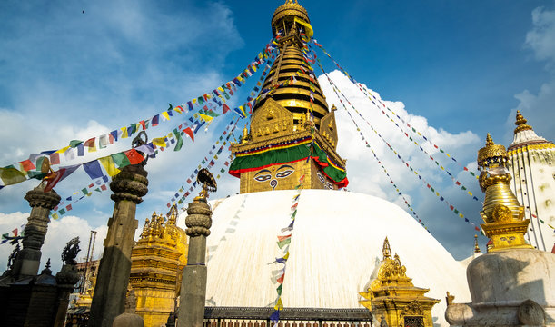 The upper part of the stupa in Buddhist temple Swayambhunath in Kathmandu.