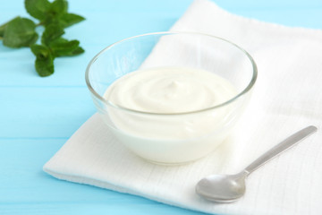 Natural white yogurt on the table. Healthy snack, Greek yogurt.