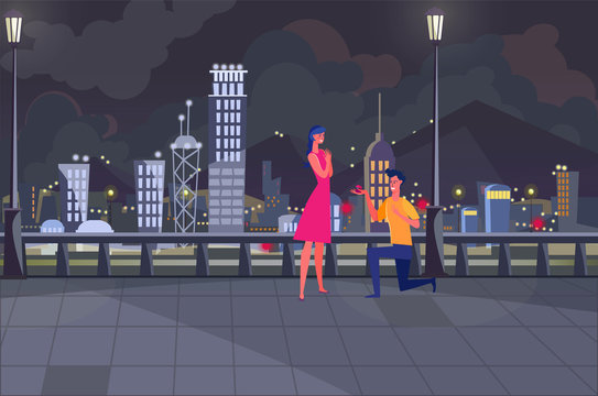 Young Man Proposing Girlfriend Outside. City, Giving Ring, Couple, Night Flat Vector Illustration. Engagement, Love, Marriage Concept For Banner, Website Design Or Landing Web Page