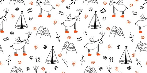 Seamless light pattern with deers and trees. Scandinavian style drawing. Linear art. Black-white illustration. Hello winter..