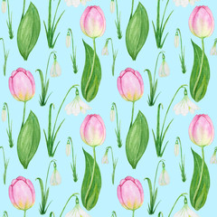 Obraz premium Seamless pattern with Snowdrop and tulip spring easter flowers with green leafs. Hand painted Fabric texture with Delicate Snowdrops, tulips Watercolor illustration on blue background. Spring simbols
