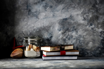 Table background of free space and dark mood home interior.