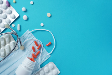 Novel coronavirus - 2019-nCoV. Protective medical mask and medicines, pills against the virus. Chinese coronavirus outbreak. MERS-Cov middle East respiratory syndrome coronavirus. Blood test result 