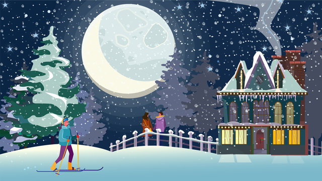 Young people enjoying winter outdoors. Dating couple, skiing girl, country mansion, night flat vector illustration. Outdoor activity, vacation concept for banner, website design or landing web page