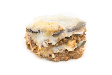 moussaka, eggplant of aubergine. In white background