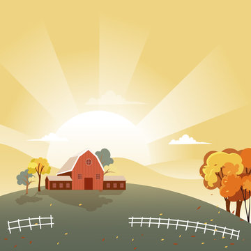 Autumn landscape countryside with sunrise, farm house on hill and wooden fence, vector illustration farm field with orange sky and sun shine with white cloud.Beautiful nature scene in fall season