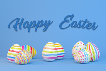 3d render - colorful easter eggs on a blue background