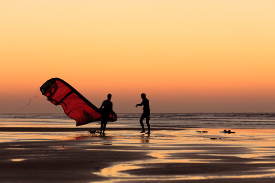 Kite Surfers at Sunset on Atlantic Beach in Essaouira, Morocco