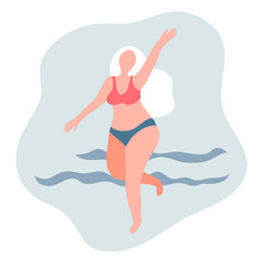 vector woman running body positive sea joy and happy blue pink