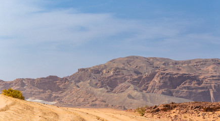 Fototapeta na wymiar Egypt. Desert and mountains of the Sinai Peninsula. Sands, dunes, rocks and gorges. Promised land.
