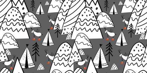 Northern forest. Illustration in folk style. Stylized mountains. Scandinavian print. Line drawing. Seamless pattern for kids..