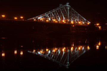 The Loschwitzer bridge in Dresden at night. It is called "Blaues Wunder" due to its colour.