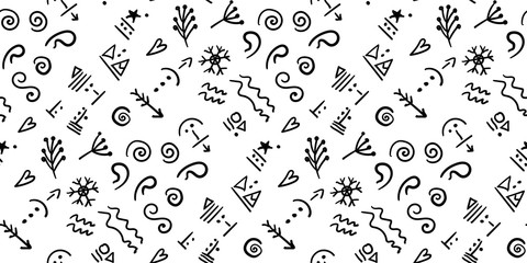 Ancient runes. Rock painting. Illustration in folk style. Stylized characters. Scandinavian print. Seamless pattern.