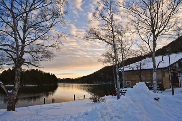 Yunoko lake with snow in winter at Nikko , Japan.