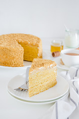 Honey cake. Traditional layered Russian cake Medovik with sour cream on a white plate on a white background. Vertical orientation. Copy space