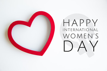 Happy 8 March International Women's Day lettering with red heart and female icon on white background isolated