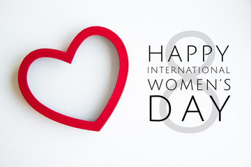 Happy 8 March International Women's Day lettering with red heart and girl power female icon on white background isolated